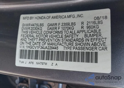 2018 Honda Accord Sport from USA, damaged, VIN 1HGCV1F34JA229445